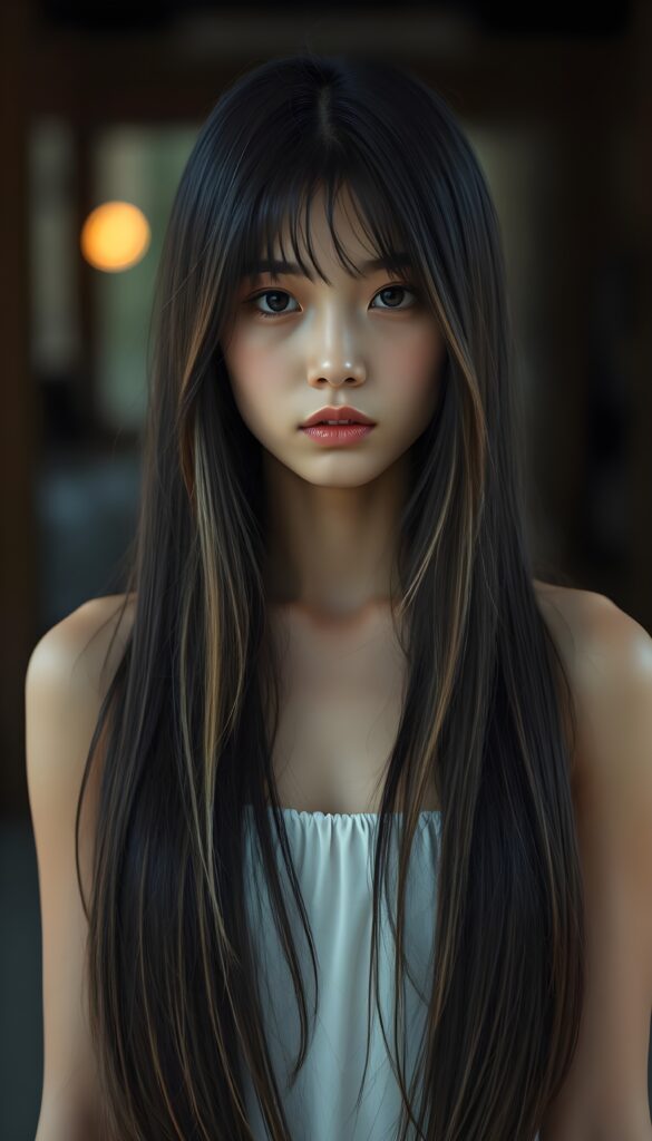 a cute young girl wears a white spaghetti dutt, long straight jet silky black hair and blond highlights falls down like a waterfall, front view.