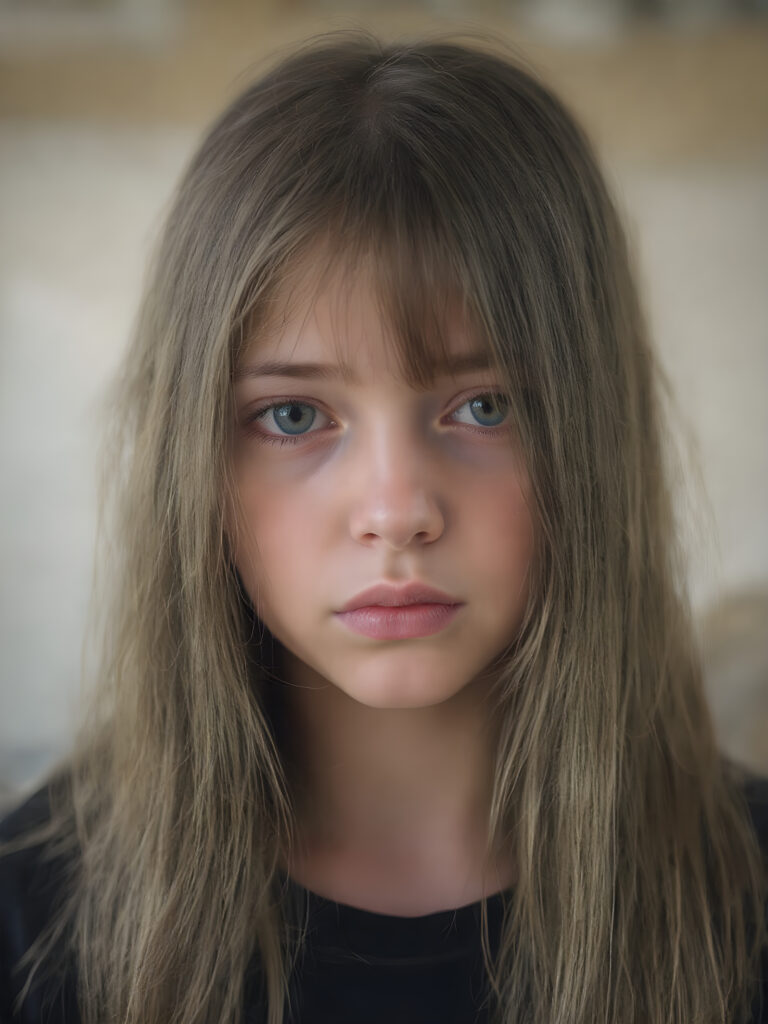 a cute young girl, super long straight hair, round face, full lips, amber eyes, detailed, she looks very tired