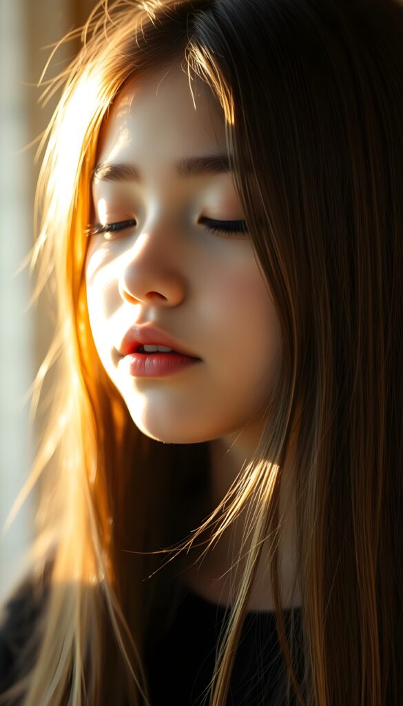 a cute young girl, with (((long, silky, straight hair that falls down to her back))), (((black closed eyes that reflect the sunlight around her face))), her lips parted as if to take in a breath of fresh air, the warmth of the sun kissing her round face, creating a serene moment that exudes a sense of pure joy and tranquility, slightly side view.