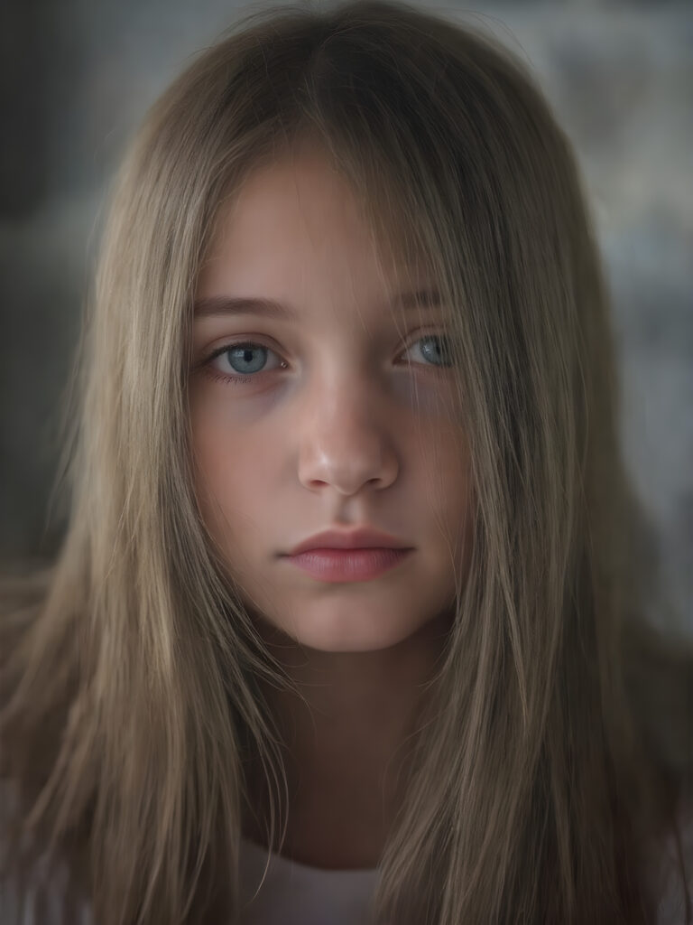 a cute young girl, super long straight hair, round face, full lips, amber eyes, detailed