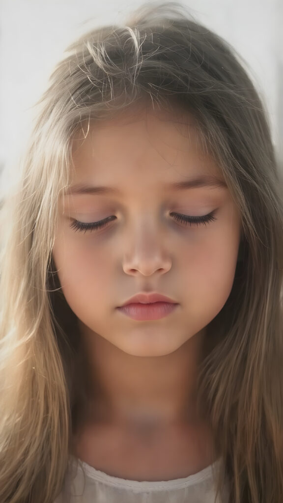 a cute young girl, with (((long, silky, straight hair that falls down to her back))), (((black closed eyes that reflect the sunlight around her face))), her lips parted as if to take in a breath of fresh air, the warmth of the sun kissing her round face, creating a serene moment that exudes a sense of pure joy and tranquility