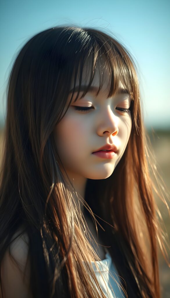 a cute young girl, with (((long, silky, straight hair that falls down to her back))), (((black closed eyes that reflect the sunlight around her face))), her lips parted as if to take in a breath of fresh air, the warmth of the sun kissing her round face, creating a serene moment that exudes a sense of pure joy and tranquility, slightly side view.
