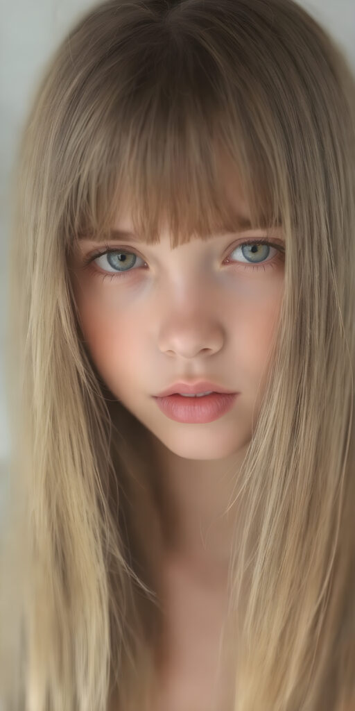 a cute young girl, super long straight hair, round face, full lips, amber eyes, detailed