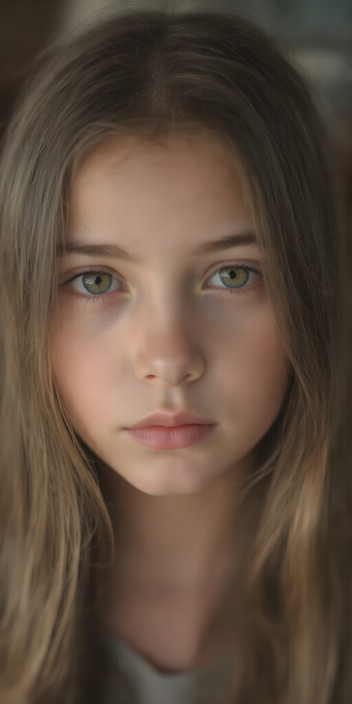 a cute young girl, super long straight hair, round face, full lips, amber eyes, detailed