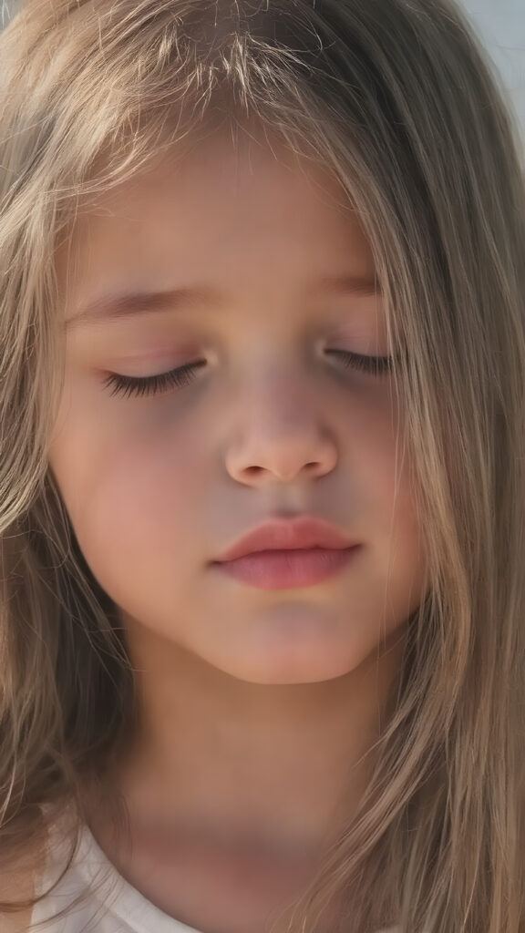a cute young girl, with (((long, silky, straight hair that falls down to her back))), (((black closed eyes that reflect the sunlight around her face))), her lips parted as if to take in a breath of fresh air, the warmth of the sun kissing her round face, creating a serene moment that exudes a sense of pure joy and tranquility