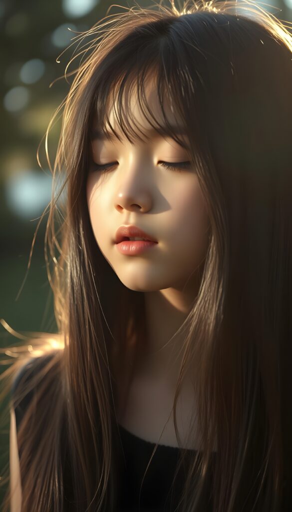 a cute young girl, with (((long, silky, straight hair that falls down to her back))), (((black closed eyes that reflect the sunlight around her face))), her lips parted as if to take in a breath of fresh air, the warmth of the sun kissing her round face, creating a serene moment that exudes a sense of pure joy and tranquility, slightly side view.