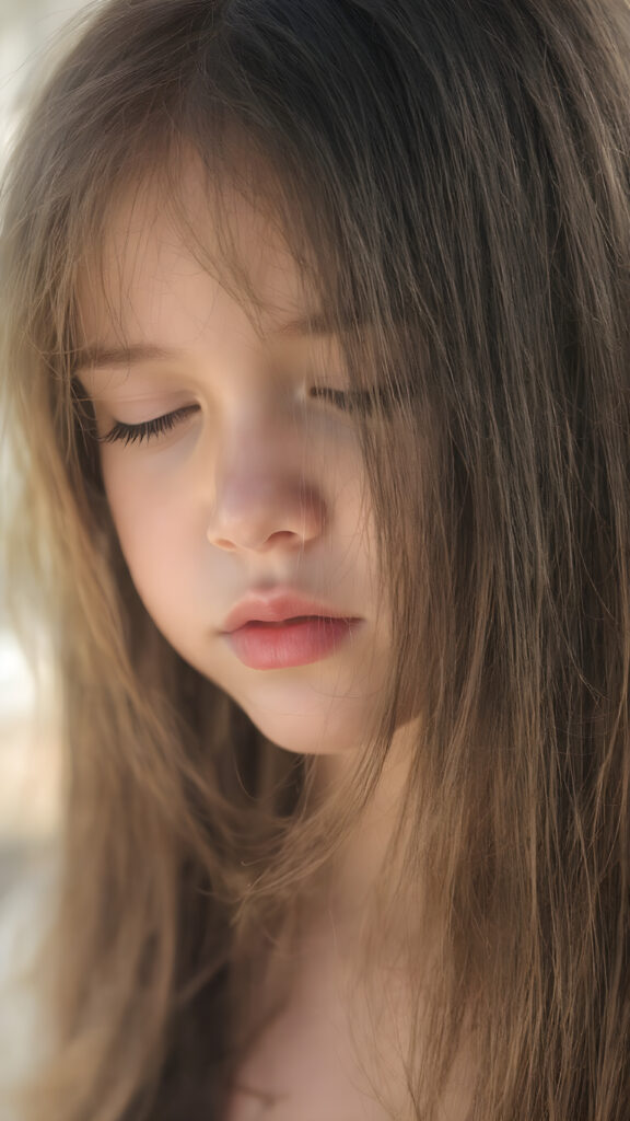 a cute young girl, with (((long, silky, straight hair that falls down to her back))), (((black closed eyes that reflect the sunlight around her face))), her lips parted as if to take in a breath of fresh air, the warmth of the sun kissing her round face, creating a serene moment that exudes a sense of pure joy and tranquility