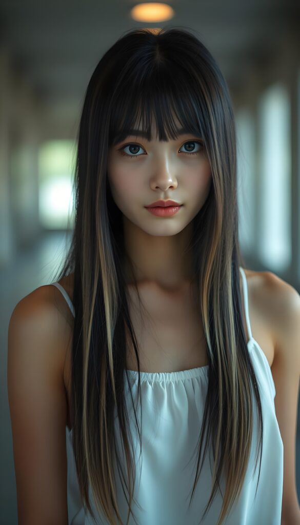 a cute young girl wears a white spaghetti dutt, long straight jet silky black hair and blond highlights falls down like a waterfall, front view.