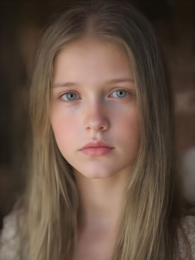 a cute young girl, super long straight hair, round face, full lips, amber eyes, detailed