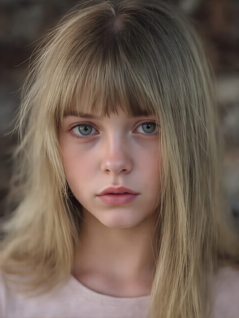 a cute young girl, super long straight hair, round face, full lips, amber eyes, detailed