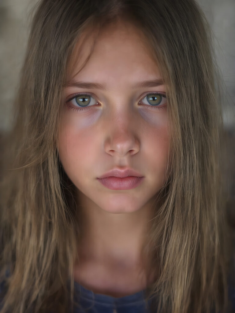 a cute young girl, super long straight hair, round face, full lips, amber eyes, detailed, she looks very tired