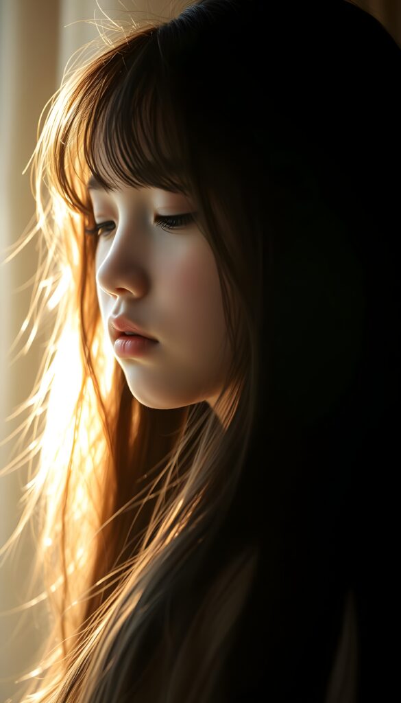 a cute young girl, with (((long, silky, straight hair that falls down to her back))), (((black closed eyes that reflect the sunlight around her face))), her lips parted as if to take in a breath of fresh air, the warmth of the sun kissing her round face, creating a serene moment that exudes a sense of pure joy and tranquility, slightly side view.