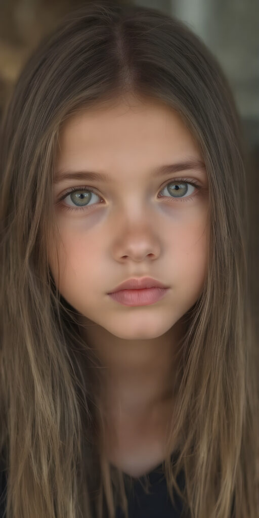 a cute young girl, super long straight hair, round face, full lips, amber eyes, detailed