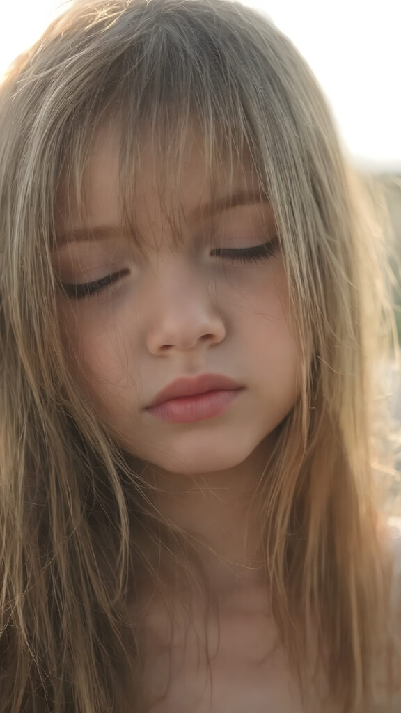 a cute young girl, with (((long, silky, straight hair that falls down to her back))), (((black closed eyes that reflect the sunlight around her face))), her lips parted as if to take in a breath of fresh air, the warmth of the sun kissing her round face, creating a serene moment that exudes a sense of pure joy and tranquility