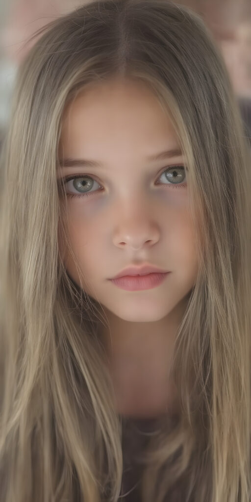 a cute young girl, super long straight hair, round face, full lips, amber eyes, detailed