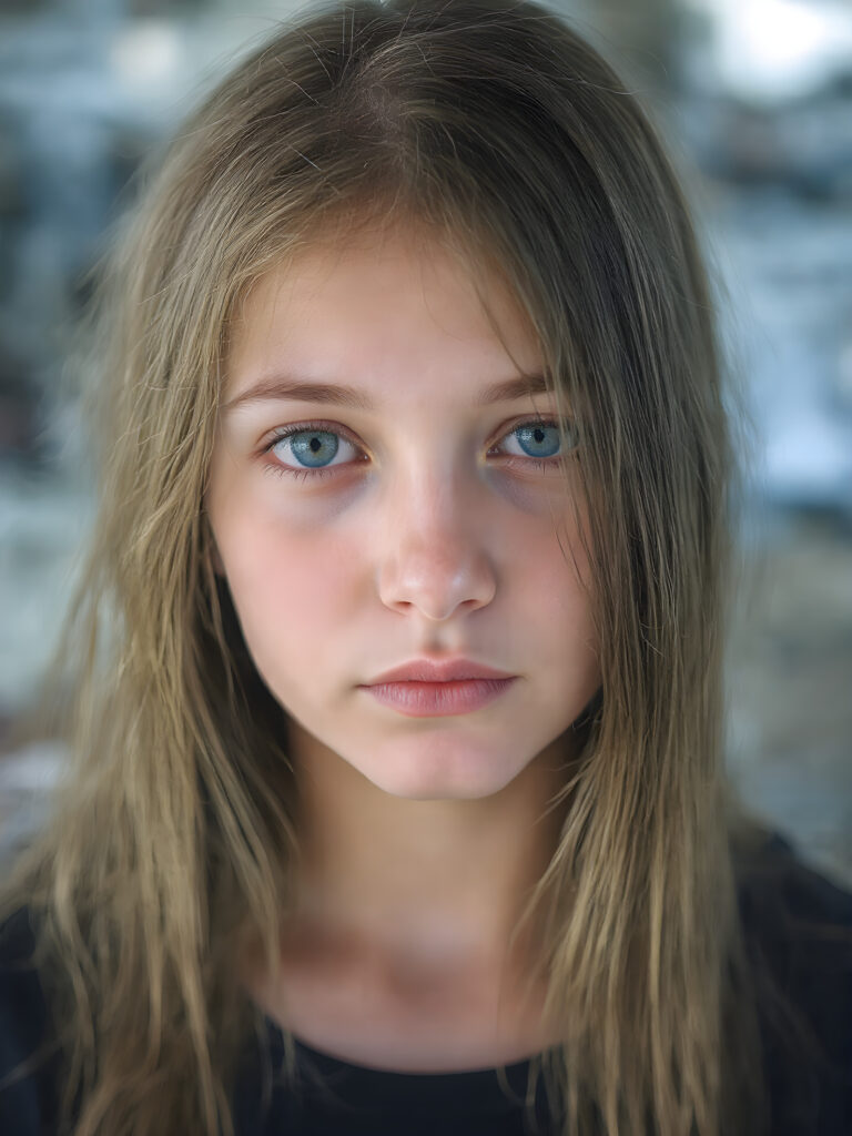 a cute young girl, super long straight hair, round face, full lips, amber eyes, detailed