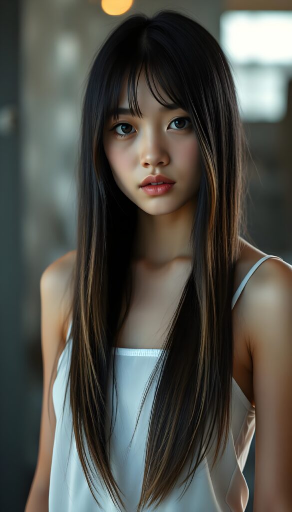 a cute young girl wears a white spaghetti dutt, long straight jet silky black hair and blond highlights falls down like a waterfall, front view.