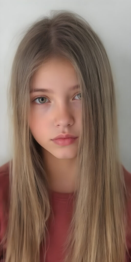 a cute young girl, super long straight hair, round face, full lips, amber eyes, detailed