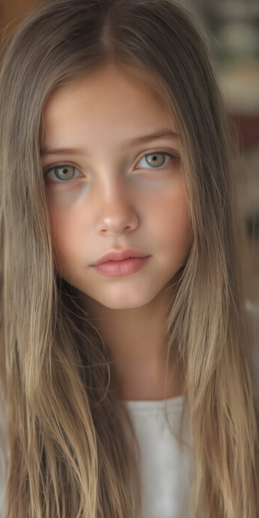 a cute young girl, super long straight hair, round face, full lips, amber eyes, detailed