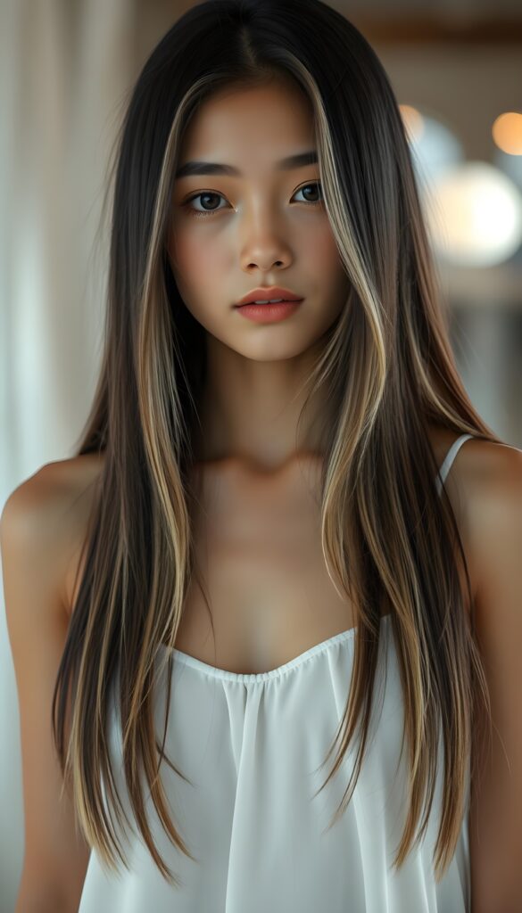 a cute young girl wears a white spaghetti dutt, long straight jet silky black hair and blond highlights falls down like a waterfall, front view.