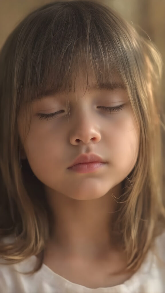 a cute young girl, with (((long, silky, straight hair that falls down to her back))), (((black closed eyes that reflect the sunlight around her face))), her lips parted as if to take in a breath of fresh air, the warmth of the sun kissing her round face, creating a serene moment that exudes a sense of pure joy and tranquility