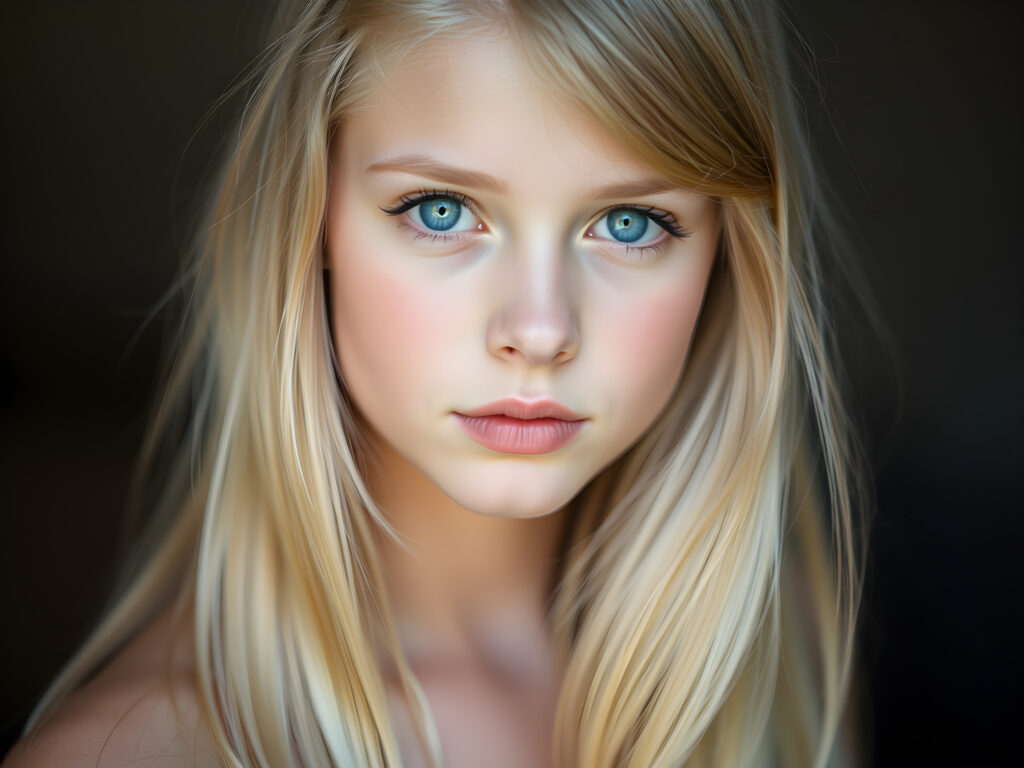 a cute young stunning adult girl, blond soft open straight hair, blue eyes