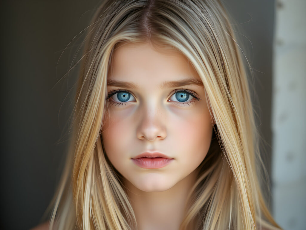 a cute young stunning adult girl, blond soft open straight hair, blue eyes