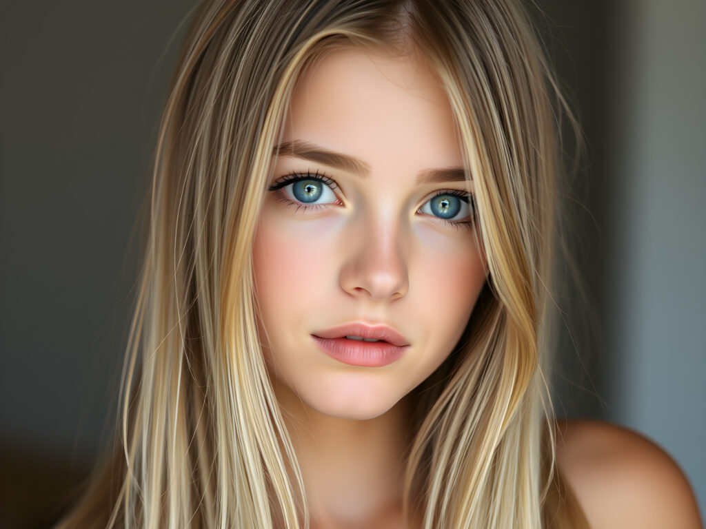 a cute young stunning adult girl, blond soft open straight hair, blue eyes