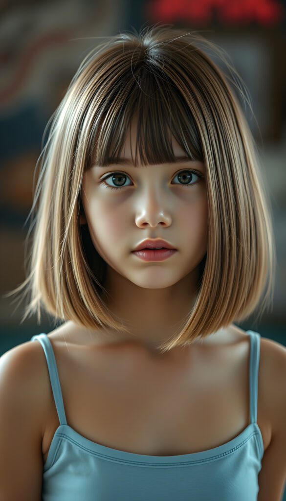 a cute young super realistic girl, straight light brown hair same length left and right, bob cut, plain short light blue tank top, full plum pink lips, round eyes, round face
