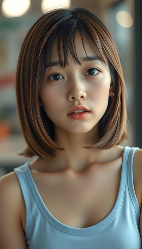 a cute young super realistic Asian girl, straight light brown and black hair same length left and right, bob cut, plain short light blue tank top, full plum lips, mouth slightly open, round eyes, round face