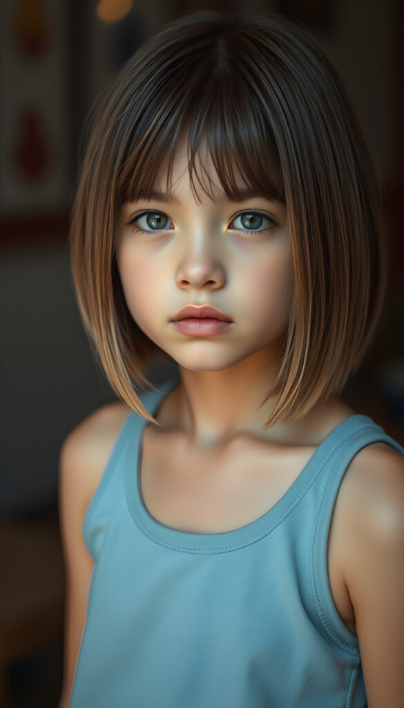 a cute young super realistic girl, straight light brown hair same length left and right, bob cut, plain short light blue tank top, full plum pink lips, round eyes, round face