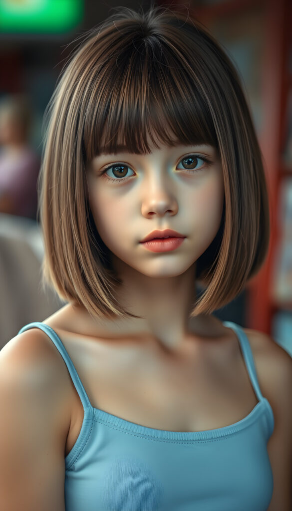 a cute young super realistic girl, straight light brown hair same length left and right, bob cut, plain short light blue tank top, full plum pink lips, round eyes, round face