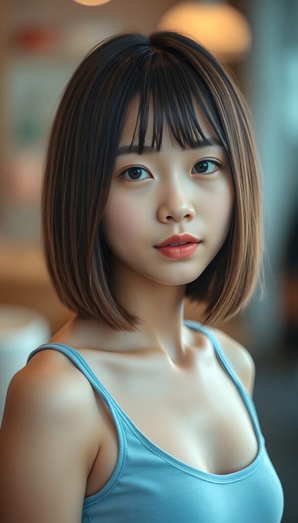 a cute young super realistic Asian girl, straight light brown and black hair same length left and right, bob cut, plain short light blue tank top, full plum lips, mouth slightly open, round eyes, round face