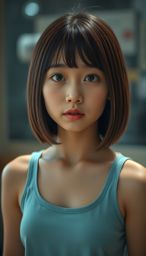 a cute young super realistic Asian girl, straight light brown and black hair same length left and right, bob cut, plain short light blue tank top, full plum lips, mouth slightly open, round eyes, round face