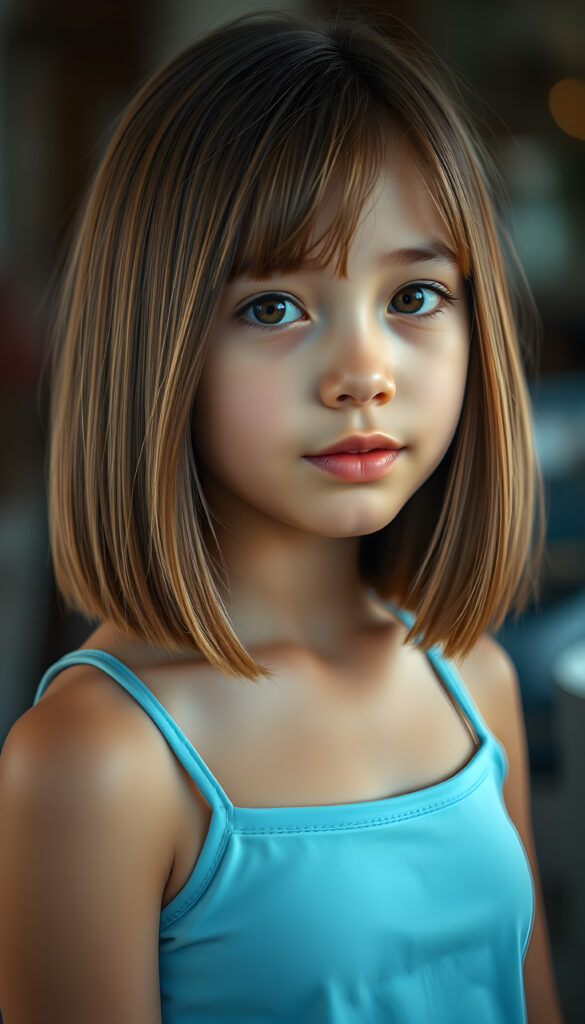 a cute young super realistic girl, straight light brown hair same length left and right, bob cut, plain short light blue tank top, full plum pink lips, round eyes, round face