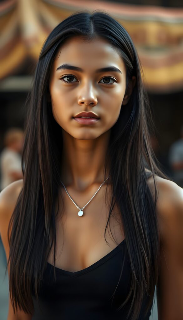 a cute young tanned dancer girl. Ebony long straight hair. Cropped spaghetti tank top in black.
