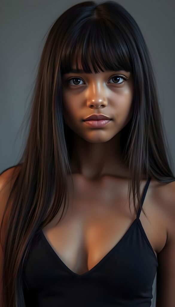 a cute young tanned girl. Ebony long straight shoulder-long hair, bangs frame her round face. Cropped spaghetti tank top in black, deep v-neck. Grey backdrop.