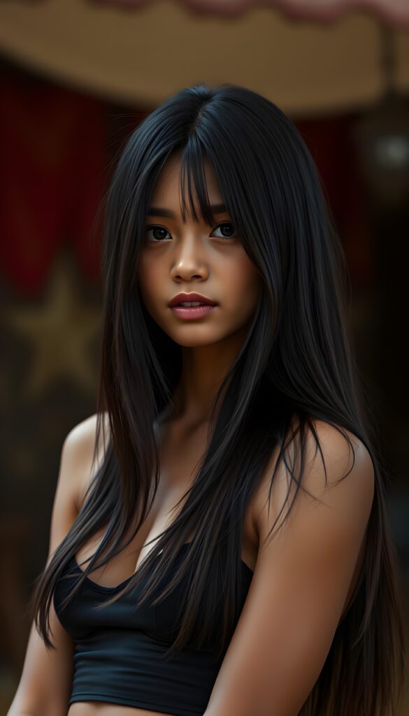 a cute young tanned dancer girl. Ebony long straight hair. Cropped spaghetti tank top in black.