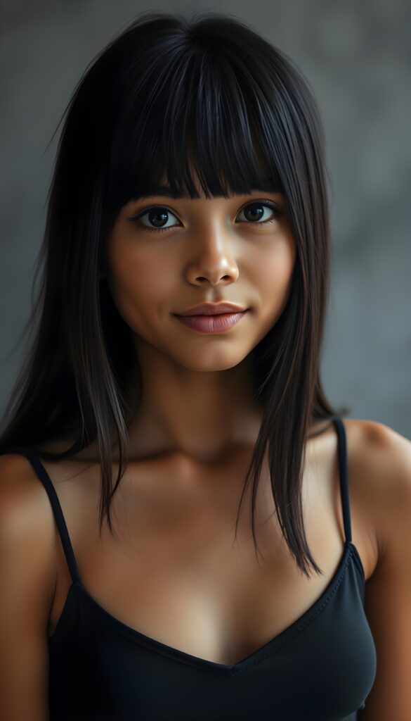 a cute young tanned girl. Ebony long straight shoulder-long hair, bangs frame her round face. Cropped spaghetti tank top in black, deep v-neck. Grey backdrop.