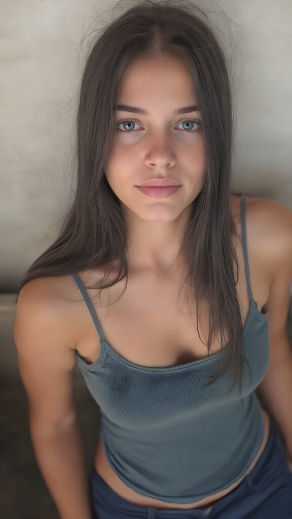 a cute young tanned well busty teen girl filmed from above, tank top, long black hair, stands in front of the viewer