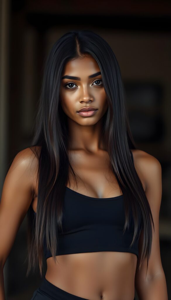 a cute young tanned dancer girl. Ebony long straight hair. Cropped spaghetti tank top in black.