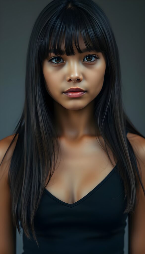 a cute young tanned girl. Ebony long straight shoulder-long hair, bangs frame her round face. Cropped spaghetti tank top in black, deep v-neck. Grey backdrop.