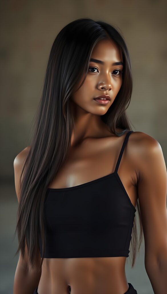 a cute young tanned dancer girl. Ebony long straight hair. Cropped spaghetti tank top in black.