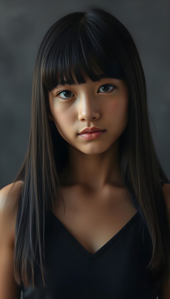 a cute young tanned girl. Ebony long straight shoulder-long hair, bangs frame her round face. Cropped spaghetti tank top in black, deep v-neck. Grey backdrop.