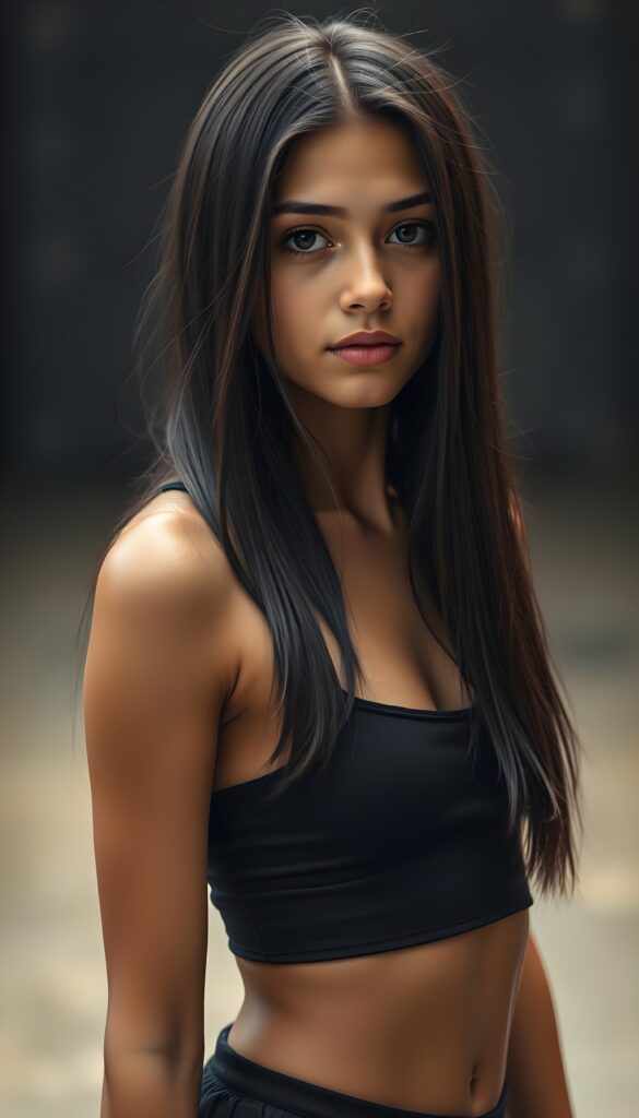 a cute young tanned dancer girl. Ebony long straight hair. Cropped spaghetti tank top in black.