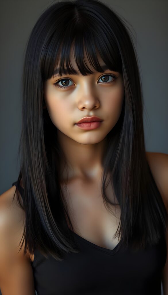 a cute young tanned girl. Ebony long straight shoulder-long hair, bangs frame her round face. Cropped spaghetti tank top in black, deep v-neck. Grey backdrop.
