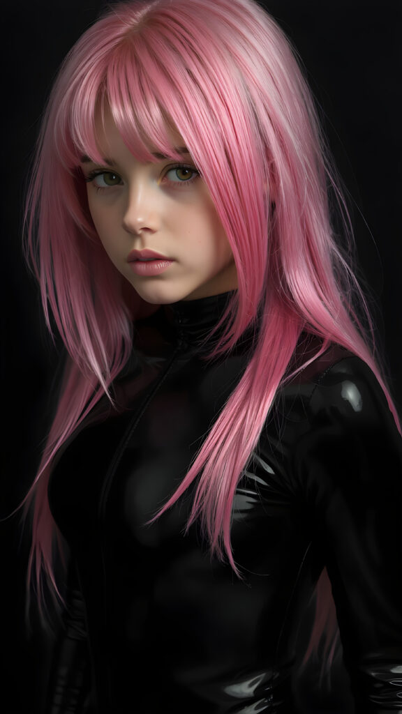 a (((detailed and realistic portrait))) of a (((young girl))) with (((long, straight jet and soft pink hair))), and (((vividly pink-dyed locks))), dressed in a (((shiny, sleek black latex catsuit))) that reflects the light in a (vivid, luxurious, high-quality backdrop), her expression slightly turned towards camera, as if looking at the viewer, all against a dark backdrop, perfect light and shadows