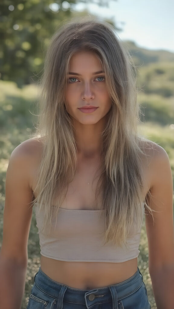 a (((detailed and realistic photo))), capturing a (((very cute young busty teenage girl))), with long, straight, messy soft brown blonde hair, wearing a (((spaghetti cropped tank top, deep neck))), (((blue jeans))), all against a backdrop of a (beautiful, sunny day in nature)