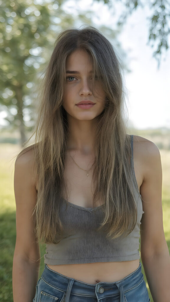 a (((detailed and realistic photo))), capturing a (((very cute young busty teenage girl))), with long, straight, messy soft brown blonde hair, wearing a (((spaghetti cropped tank top, deep neck))), (((blue jeans))), all against a backdrop of a (beautiful, sunny day in nature)