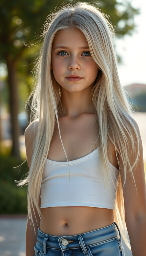 a (((detailed and realistic photo))), capturing a (((very young girl))), with long, flowing, soft straight jet white hair same length right and left, wearing a (((cropped spaghetti tank top, belly button))), accessorized with (((blue short jeans))), all against a backdrop of a (beautiful, sunny day)